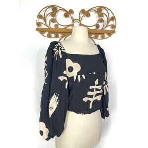 Women's Black printed balloon sleeve back tie top S